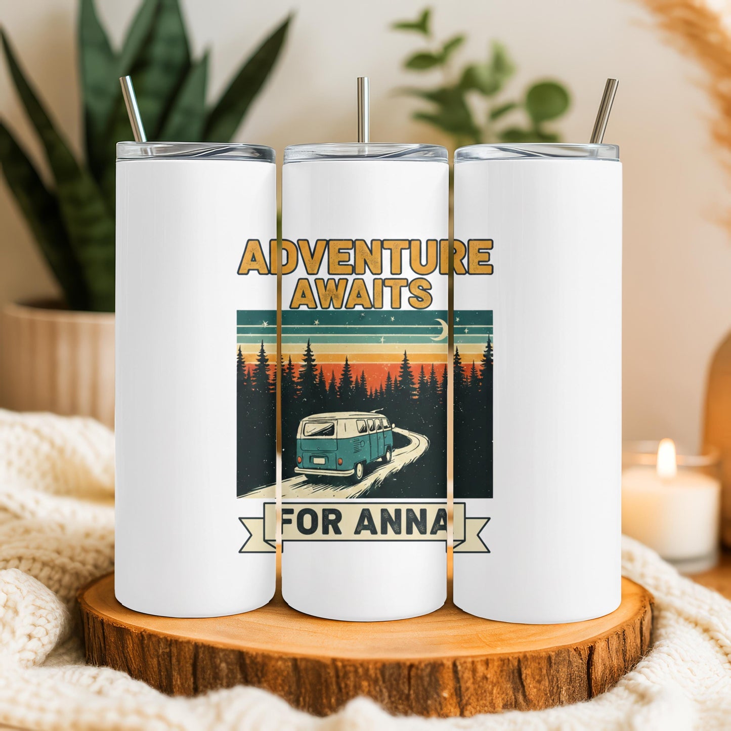 Adventure Awaits Custom Name Coffee Tumbler: 20oz Skinny Steel Tumbler, Personalized Camping Tumbler