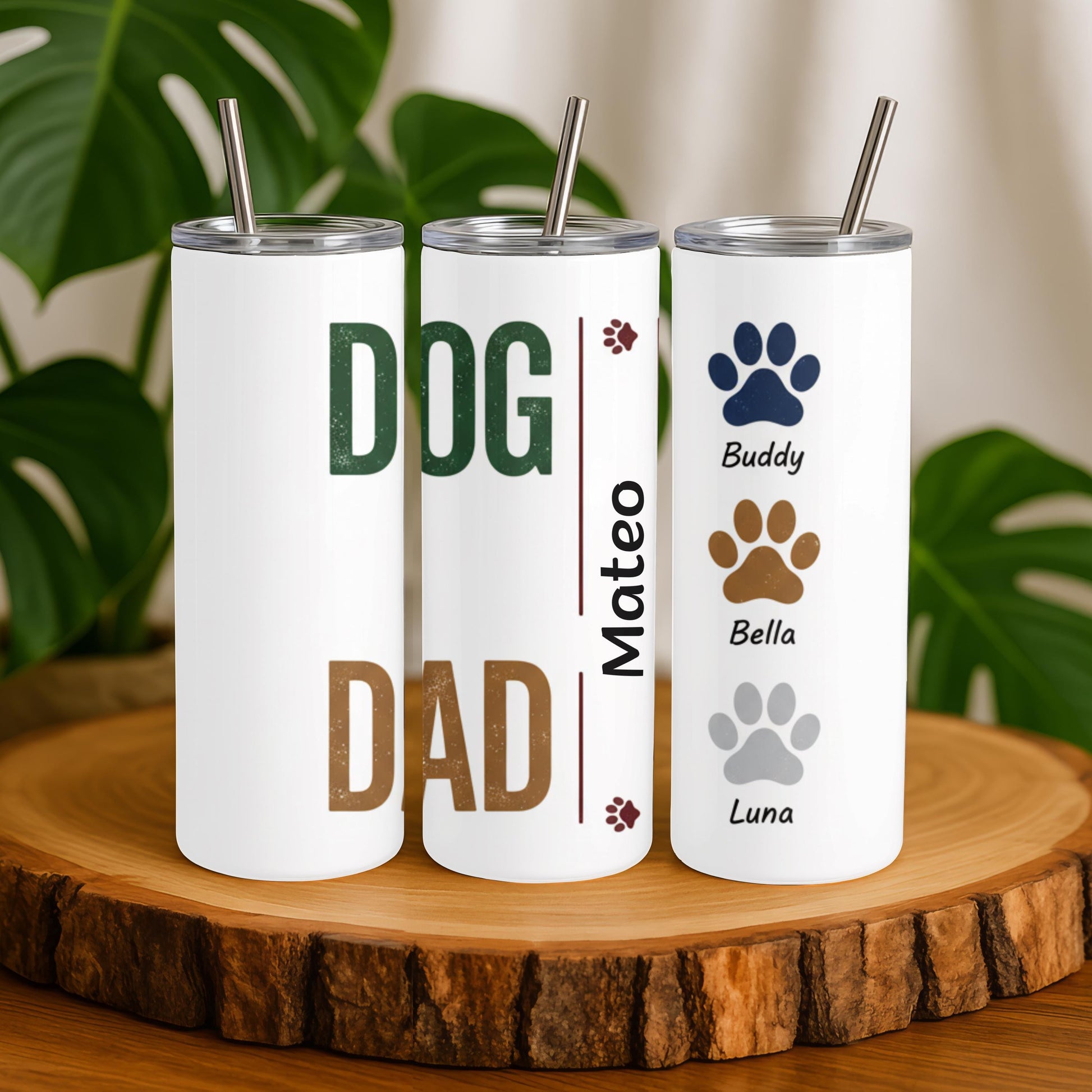 Personalized Dog Dad Tumbler: Pet Names Tumbler, 20 oz Skinny Tumbler with Straw, Paw Print Coffee Tumbler