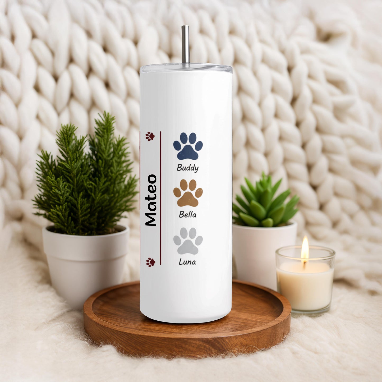 Personalized Dog Dad Tumbler: Pet Names Tumbler, 20 oz Skinny Tumbler with Straw, Paw Print Coffee Tumbler
