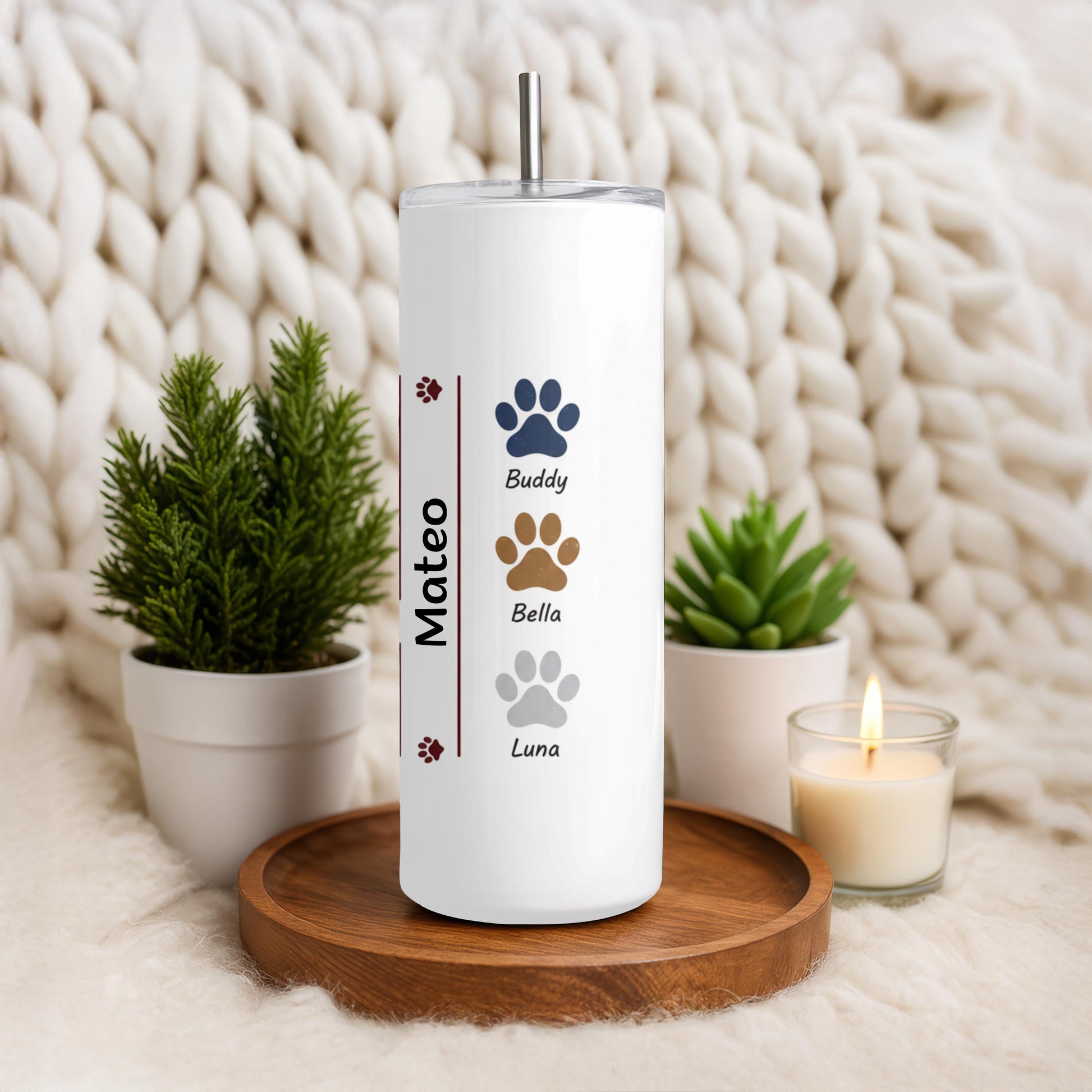 Personalized Dog Dad Tumbler: Pet Names Tumbler, 20 oz Skinny Tumbler with Straw, Paw Print Coffee Tumbler