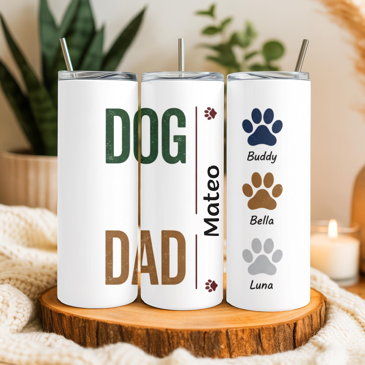 Personalized Dog Dad Tumbler: Pet Names Tumbler, 20 oz Skinny Tumbler with Straw, Paw Print Coffee Tumbler