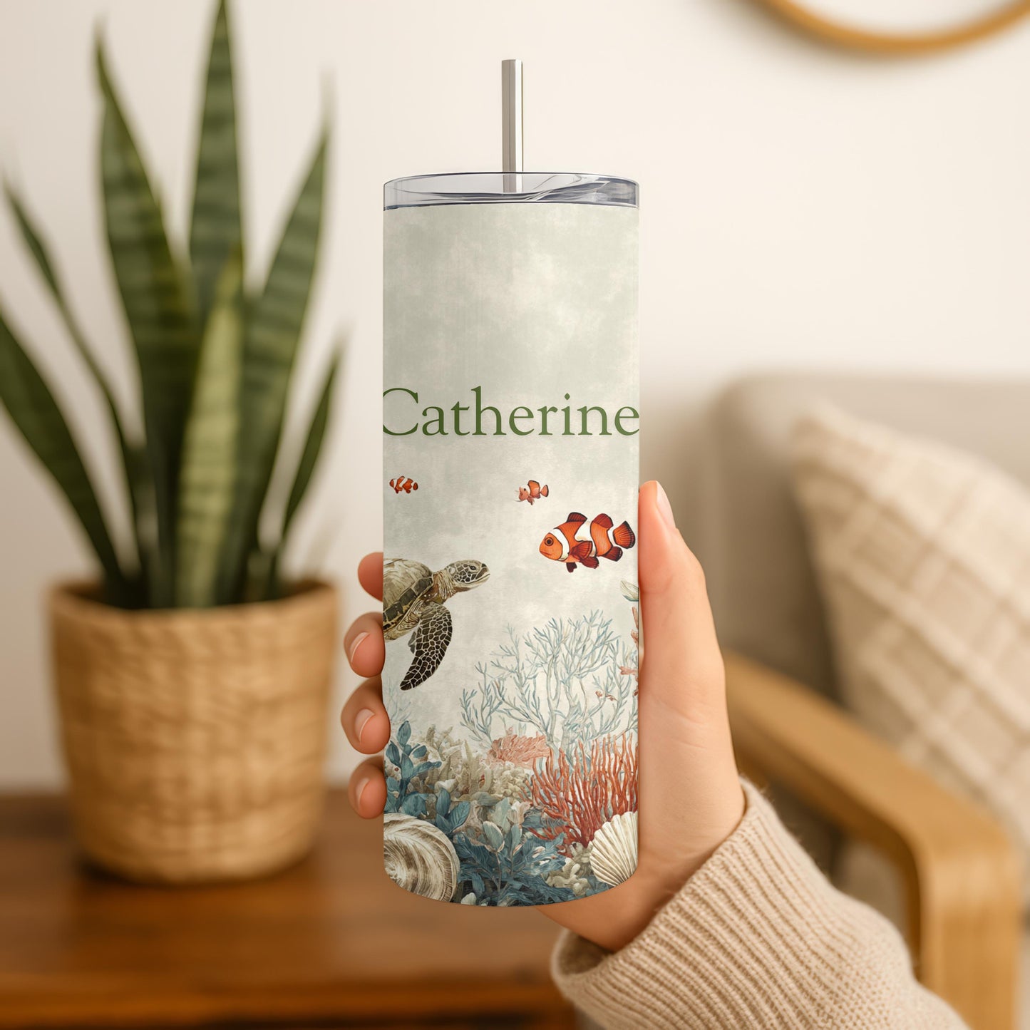 Personalized Sea Life Tumbler: Skinny Custom Name Sea Turtle and Coral Tumbler, Underwater Design Tumbler