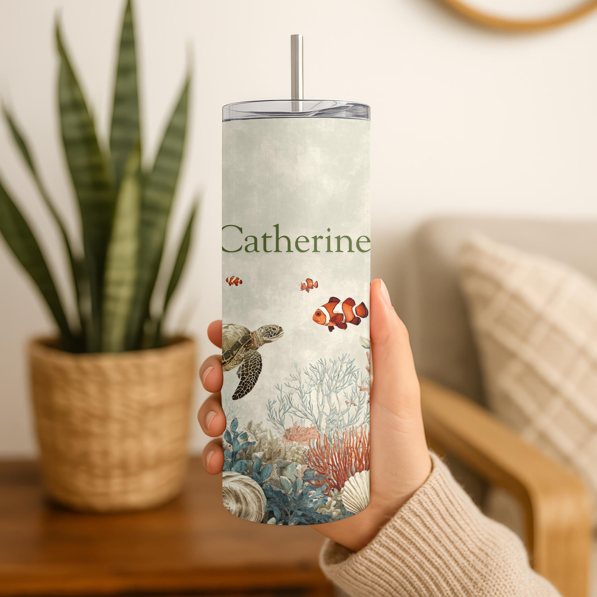 Personalized Sea Life Tumbler: Skinny Custom Name Sea Turtle and Coral Tumbler, Underwater Design Tumbler