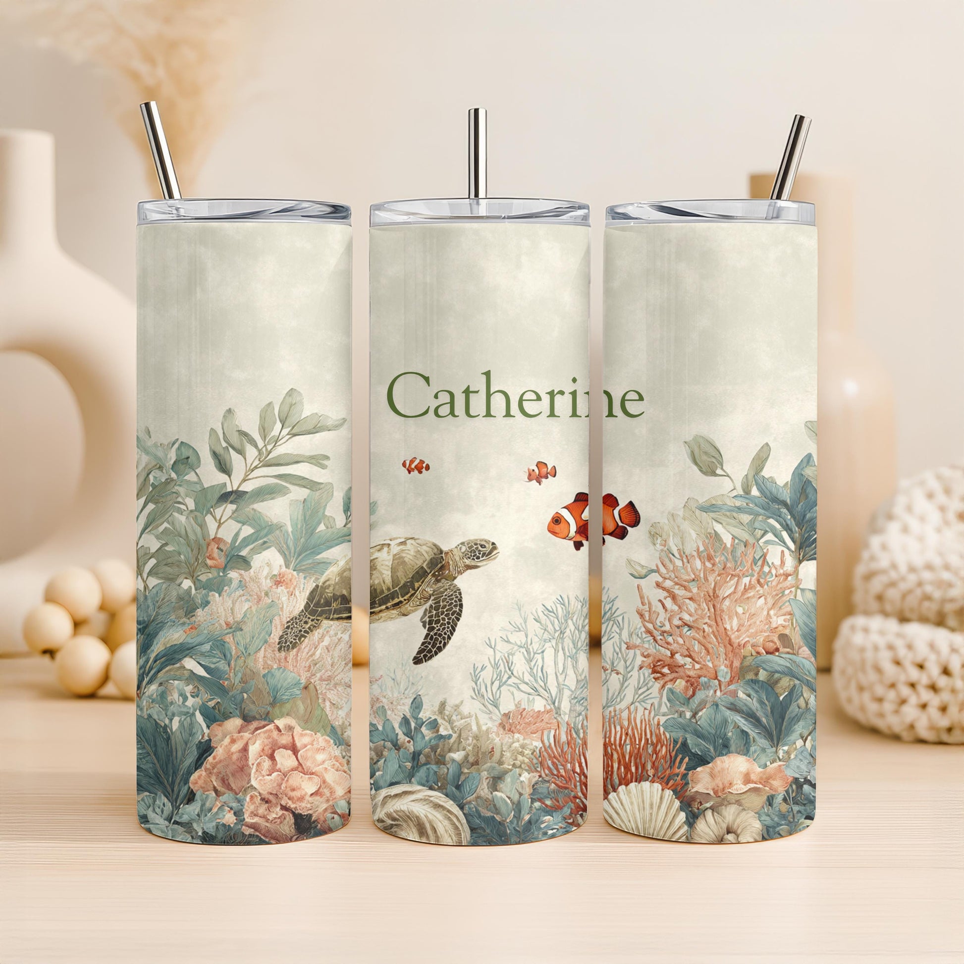 Personalized Sea Life Tumbler: Skinny Custom Name Sea Turtle and Coral Tumbler, Underwater Design Tumbler