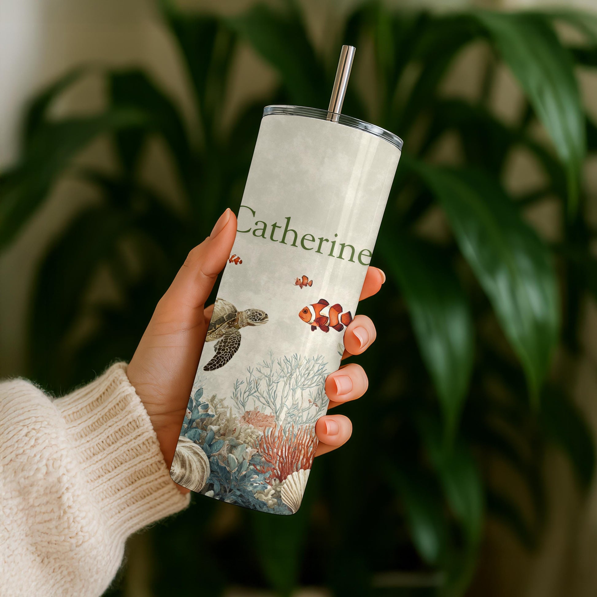 Personalized Sea Life Tumbler: Skinny Custom Name Sea Turtle and Coral Tumbler, Underwater Design Tumbler