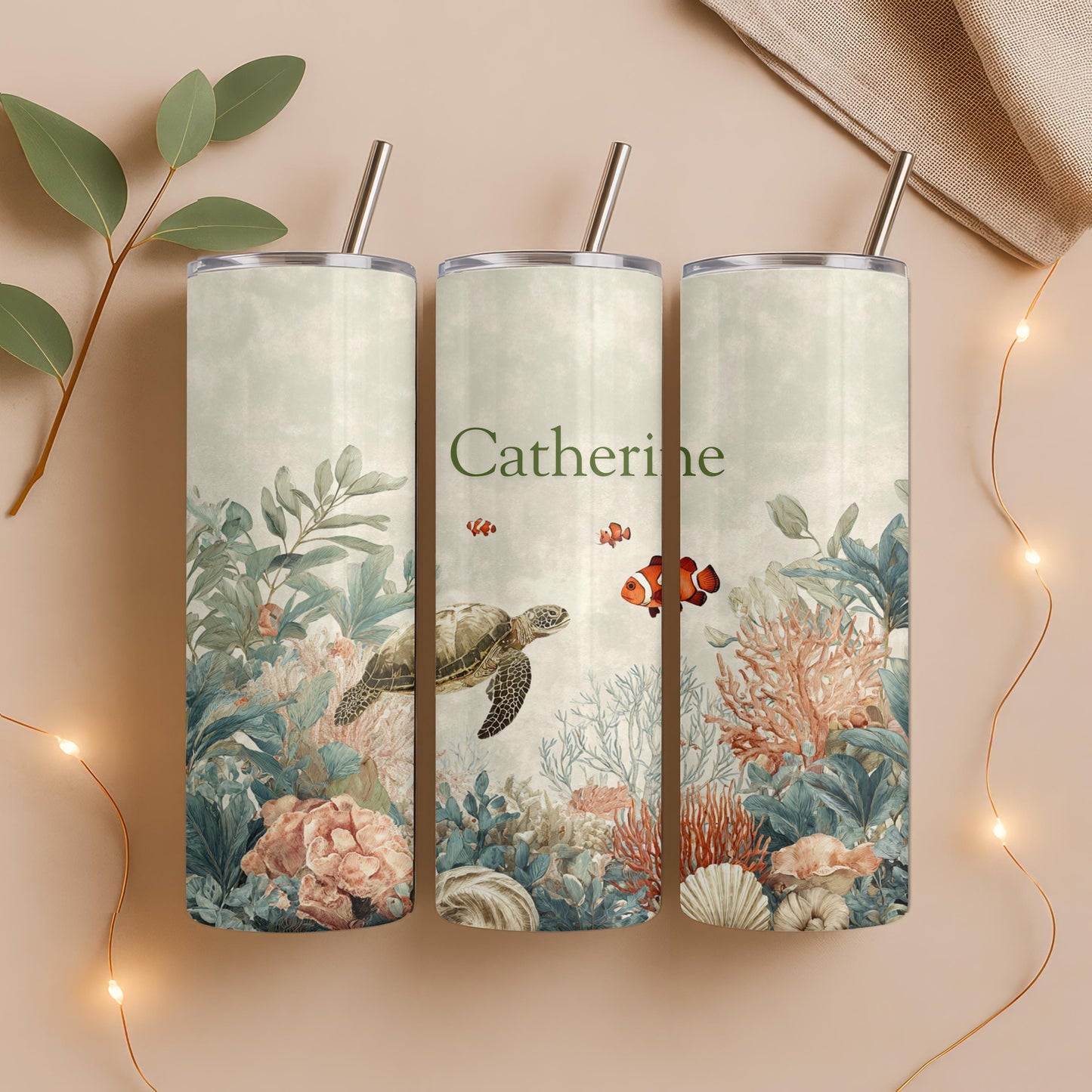 Personalized Sea Life Tumbler: Skinny Custom Name Sea Turtle and Coral Tumbler, Underwater Design Tumbler