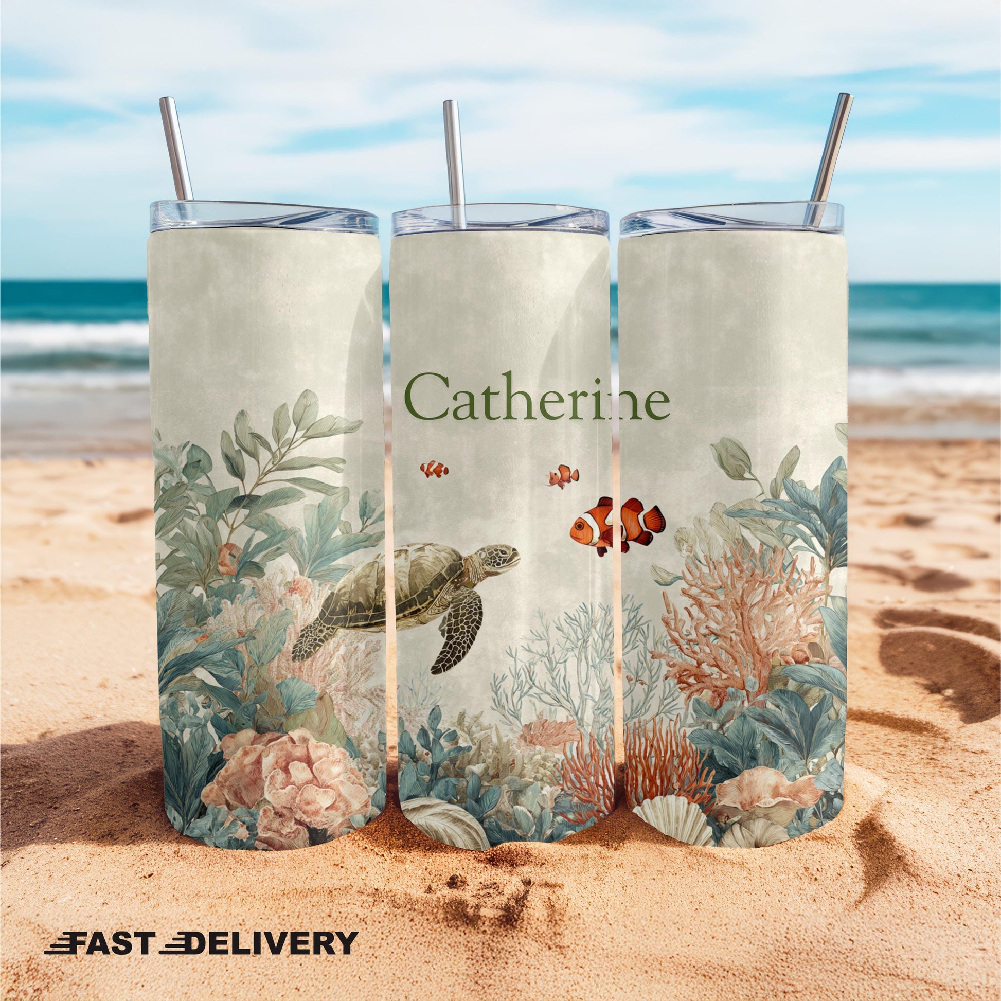 Personalized Sea Life Tumbler: Skinny Custom Name Sea Turtle and Coral Tumbler, Underwater Design Tumbler