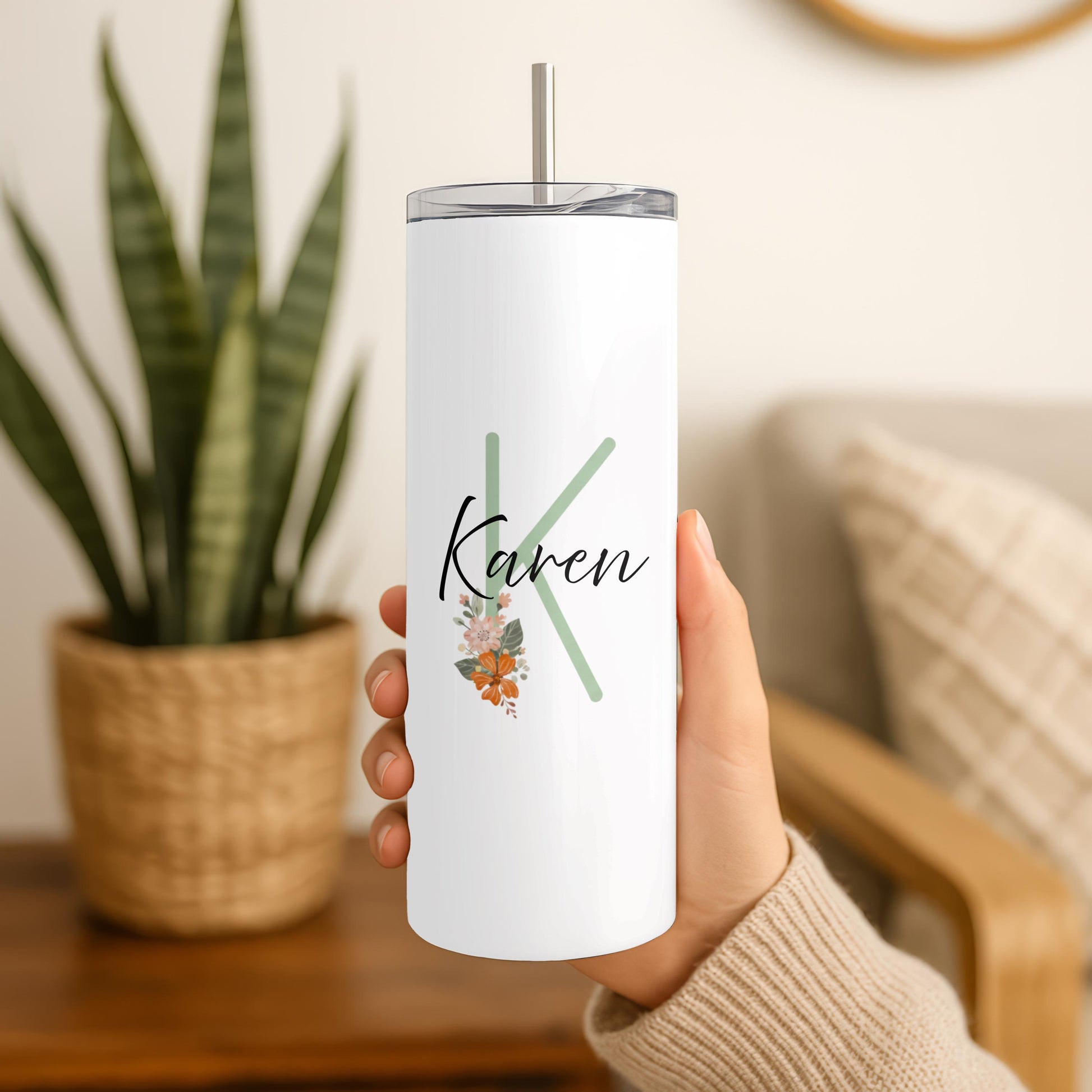 Personalized Floral Tumbler: Custom Monogram 20oz Skinny Tumbler, Aesthetic Flower Travel Cup, Gift for Her