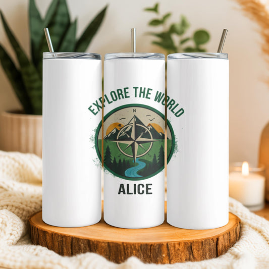 Explore the world 20 oz Skinny Camper Tumbler: Personalized Adventure Gift Outdoor Lover Tumbler
