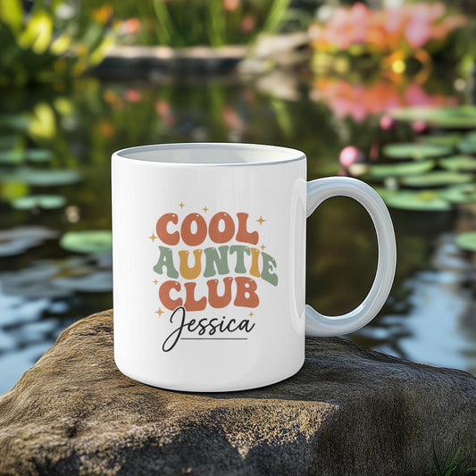 Personalised Cool Auntie Club Mug with Name, Custom Auntie Birthday Gift, Retro Groovy Auntie Coffee Cup