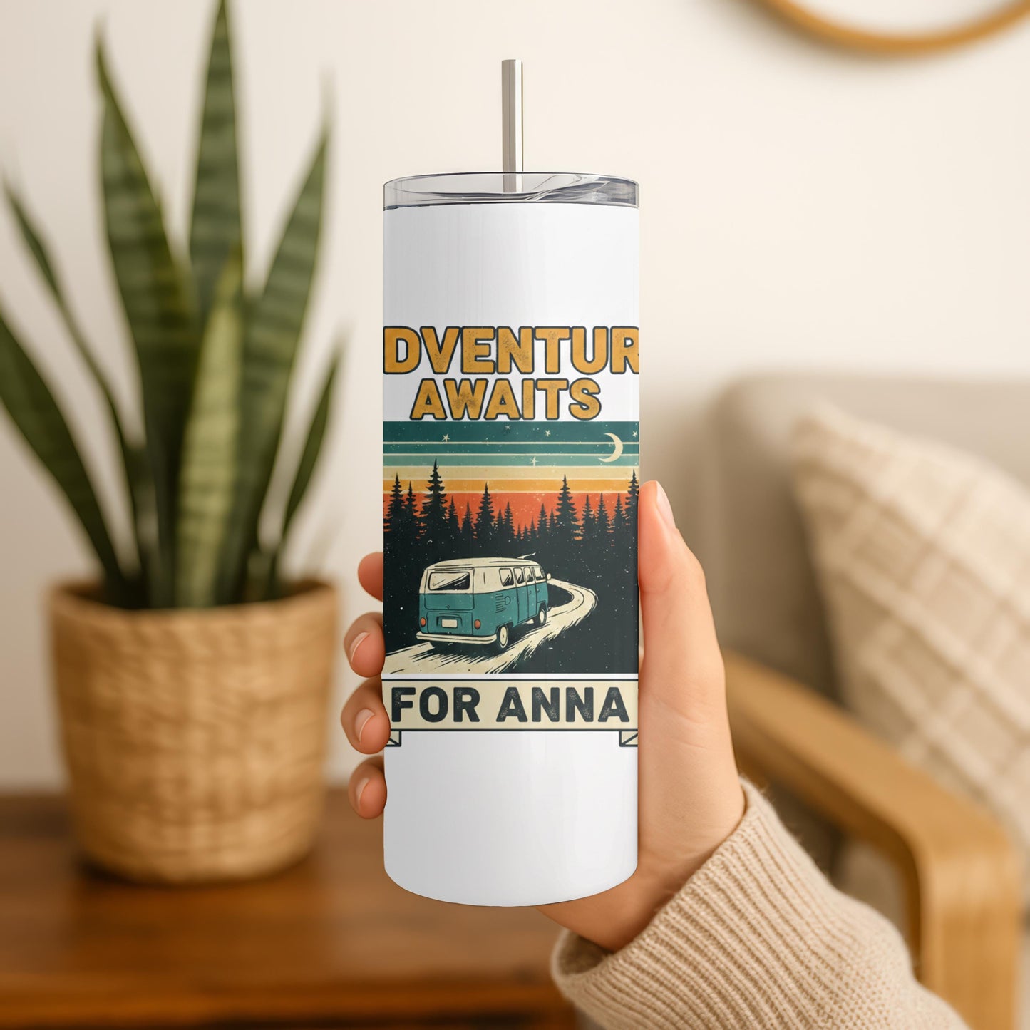 Adventure Awaits Custom Name Coffee Tumbler: 20oz Skinny Steel Tumbler, Personalized Camping Tumbler