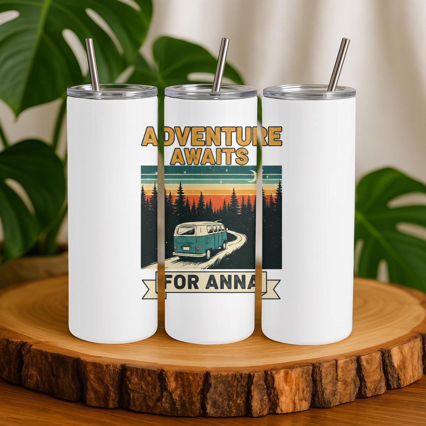 Adventure Awaits Custom Name Coffee Tumbler: 20oz Skinny Steel Tumbler, Personalized Camping Tumbler