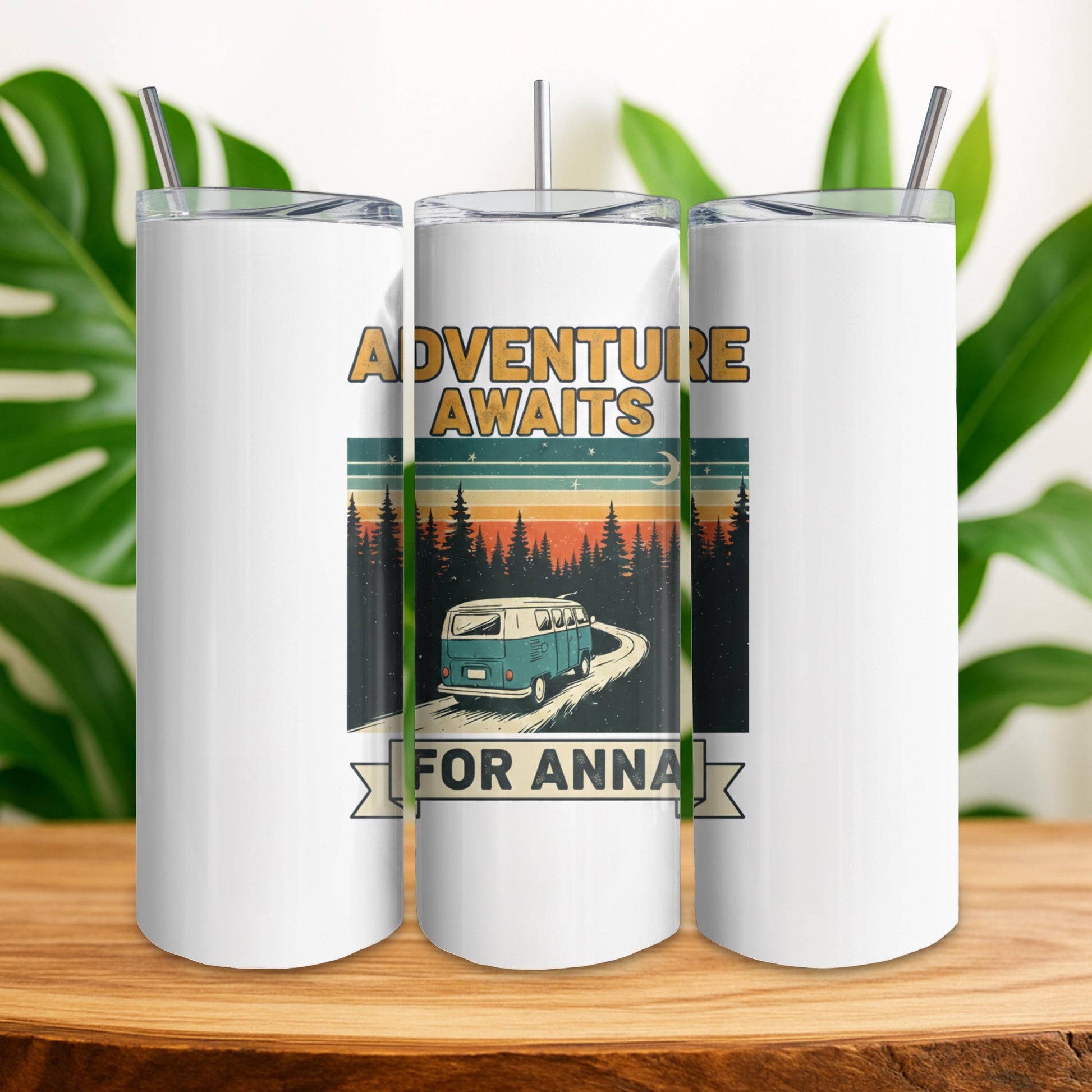Adventure Awaits Custom Name Coffee Tumbler: 20oz Skinny Steel Tumbler, Personalized Camping Tumbler