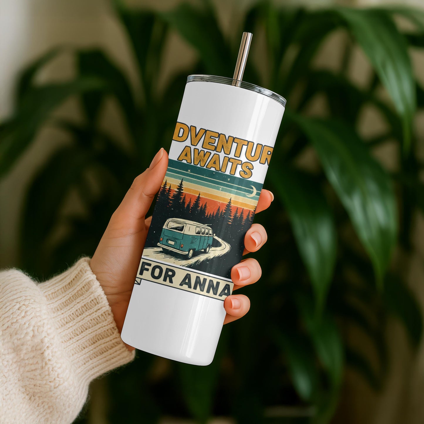 Adventure Awaits Custom Name Coffee Tumbler: 20oz Skinny Steel Tumbler, Personalized Camping Tumbler
