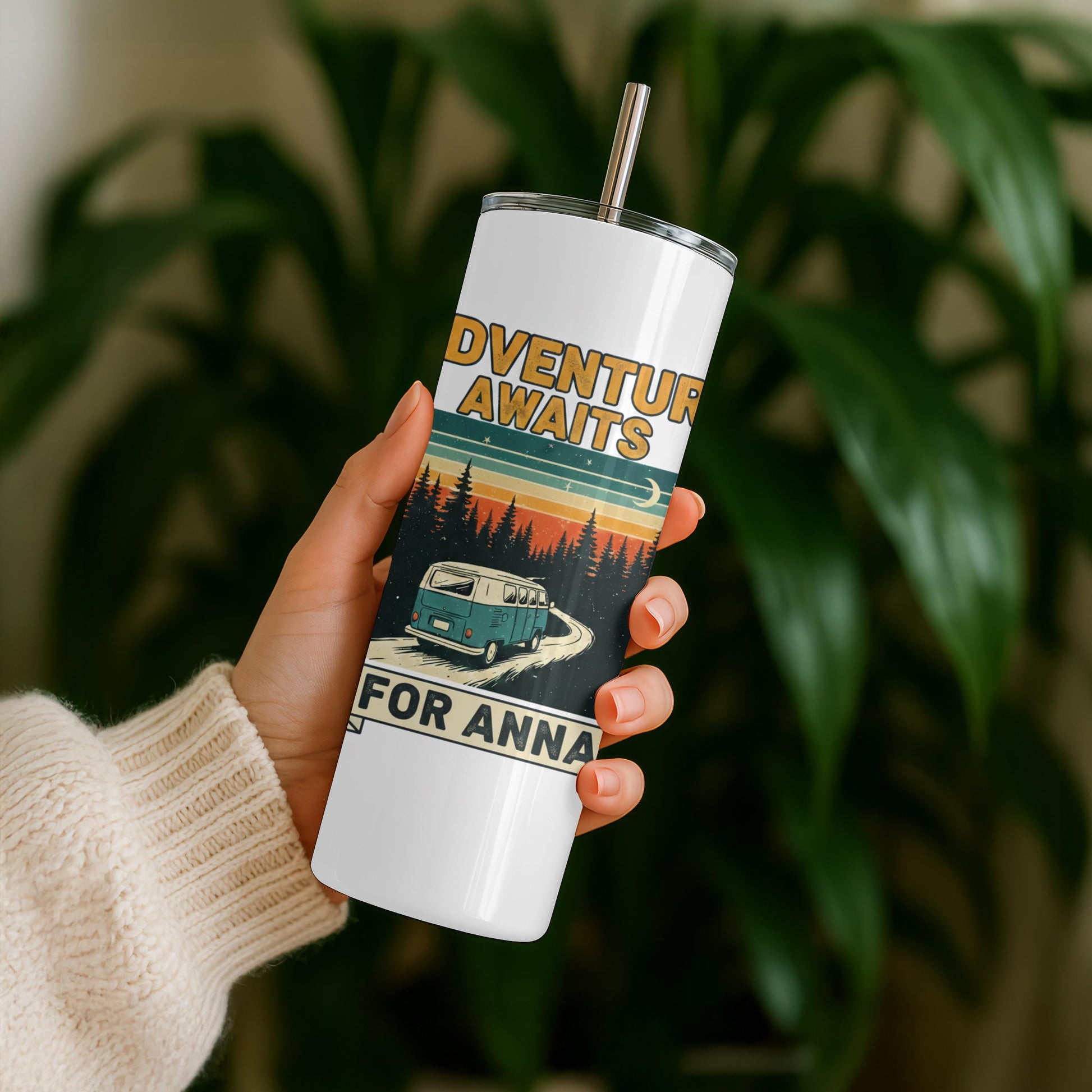 Adventure Awaits Custom Name Coffee Tumbler: 20oz Skinny Steel Tumbler, Personalized Camping Tumbler