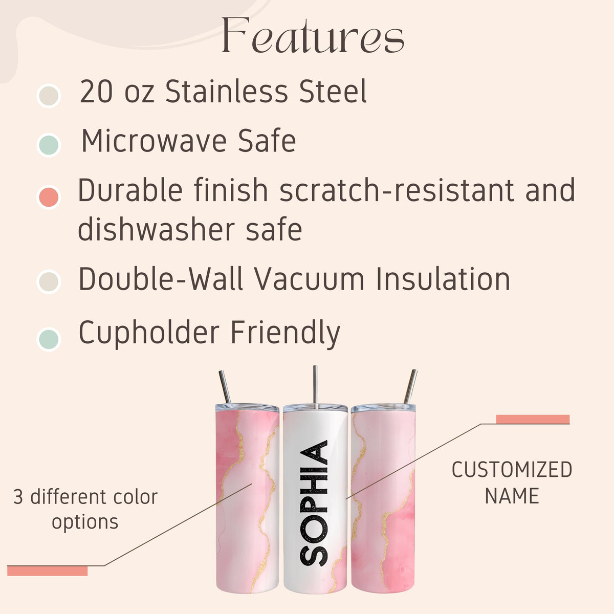 Insulated Ceramic Custom Tumbler: Personalized Name Tumbler, 20oz Skinny Tumbler, Girly Coffee Tumbler