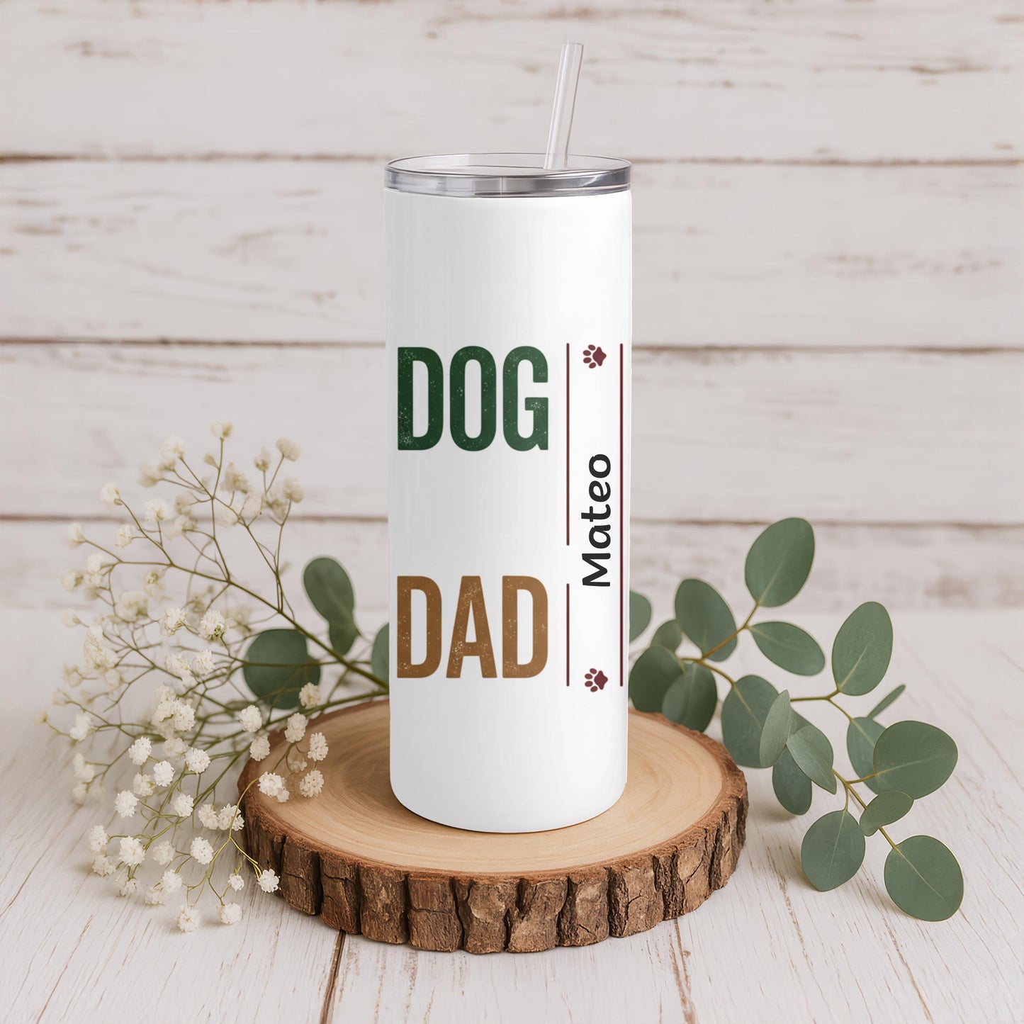 Personalized Dog Dad Tumbler: Pet Names Tumbler, 20 oz Skinny Tumbler with Straw, Paw Print Coffee Tumbler