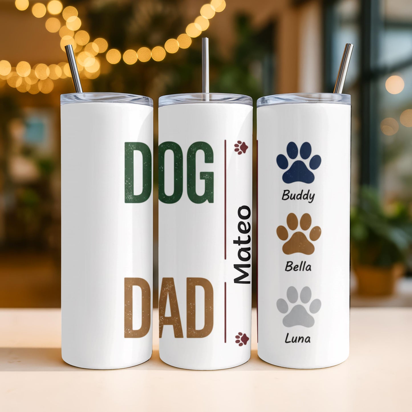 Personalized Dog Dad Tumbler: Pet Names Tumbler, 20 oz Skinny Tumbler with Straw, Paw Print Coffee Tumbler