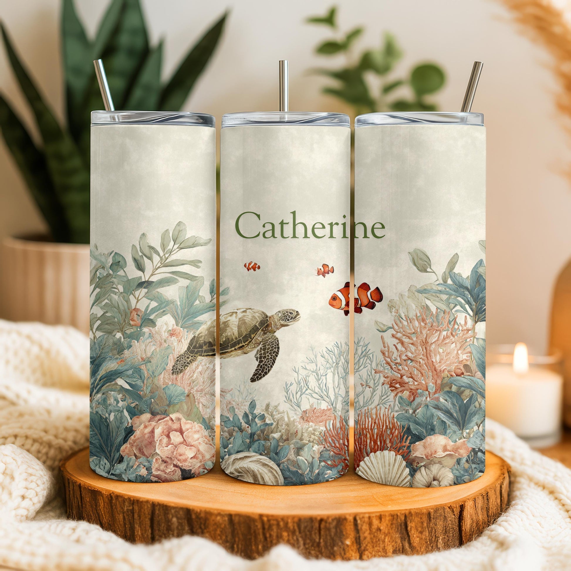 Personalized Sea Life Tumbler: Skinny Custom Name Sea Turtle and Coral Tumbler, Underwater Design Tumbler