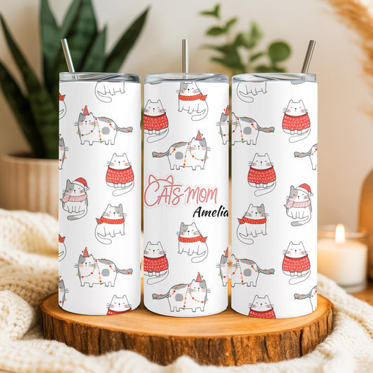 Personalized Cat Mom Tumbler with Name, 20 oz Skinny Winter Kitten Coffee Mug, Custom Cat Lover Travel Cup