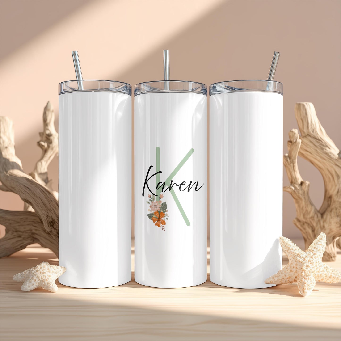 Personalized Floral Tumbler: Custom Monogram 20oz Skinny Tumbler, Aesthetic Flower Travel Cup, Gift for Her