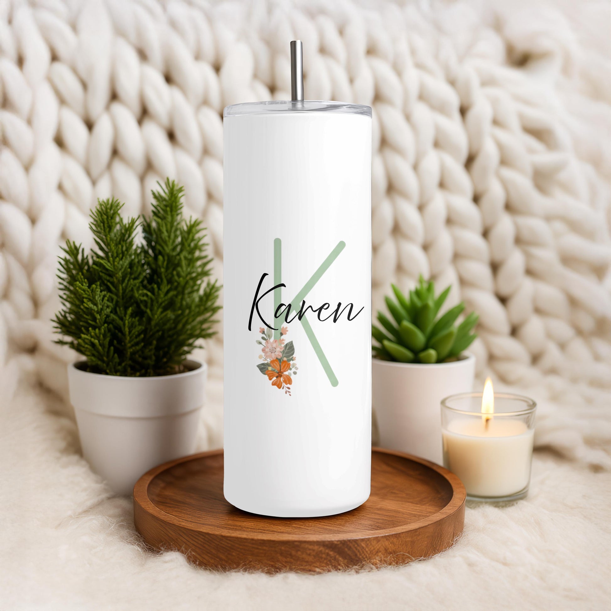 Personalized Floral Tumbler: Custom Monogram 20oz Skinny Tumbler, Aesthetic Flower Travel Cup, Gift for Her