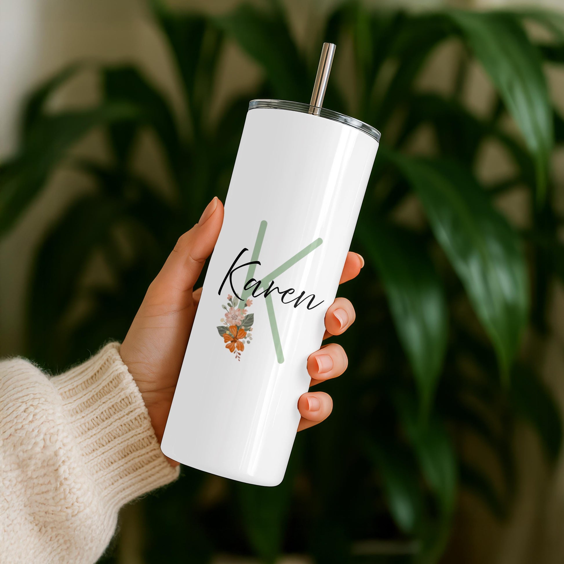 Personalized Floral Tumbler: Custom Monogram 20oz Skinny Tumbler, Aesthetic Flower Travel Cup, Gift for Her