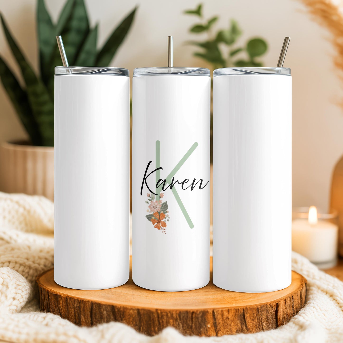 Personalized Floral Tumbler: Custom Monogram 20oz Skinny Tumbler, Aesthetic Flower Travel Cup, Gift for Her