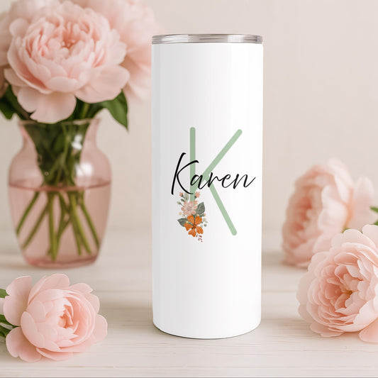 Personalized Floral Tumbler: Custom Monogram 20oz Skinny Tumbler, Aesthetic Flower Travel Cup, Gift for Her