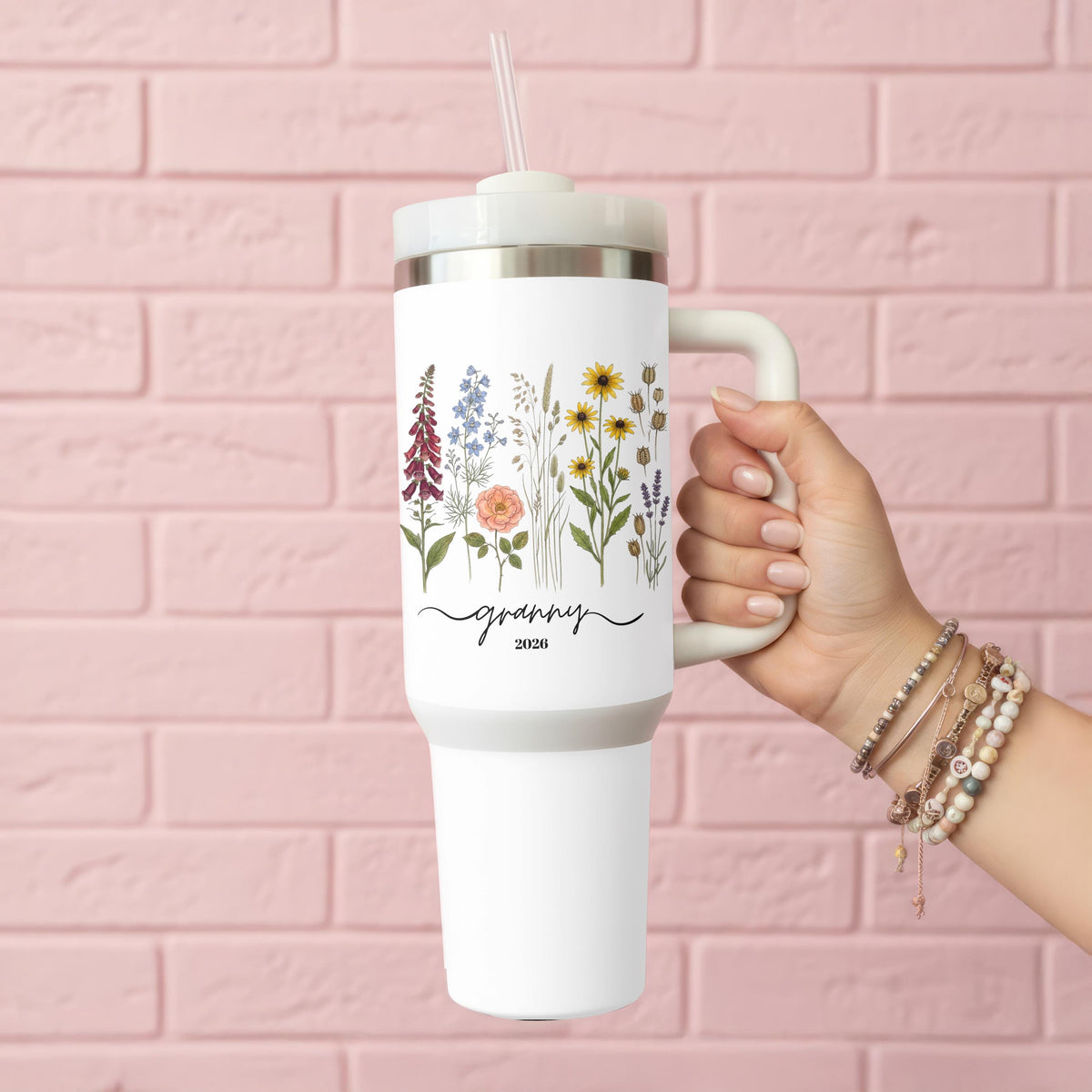 Personalized Grandma Tumbler with Handle, Wildflower 40oz Cup, Custom Name Granny Gift Her