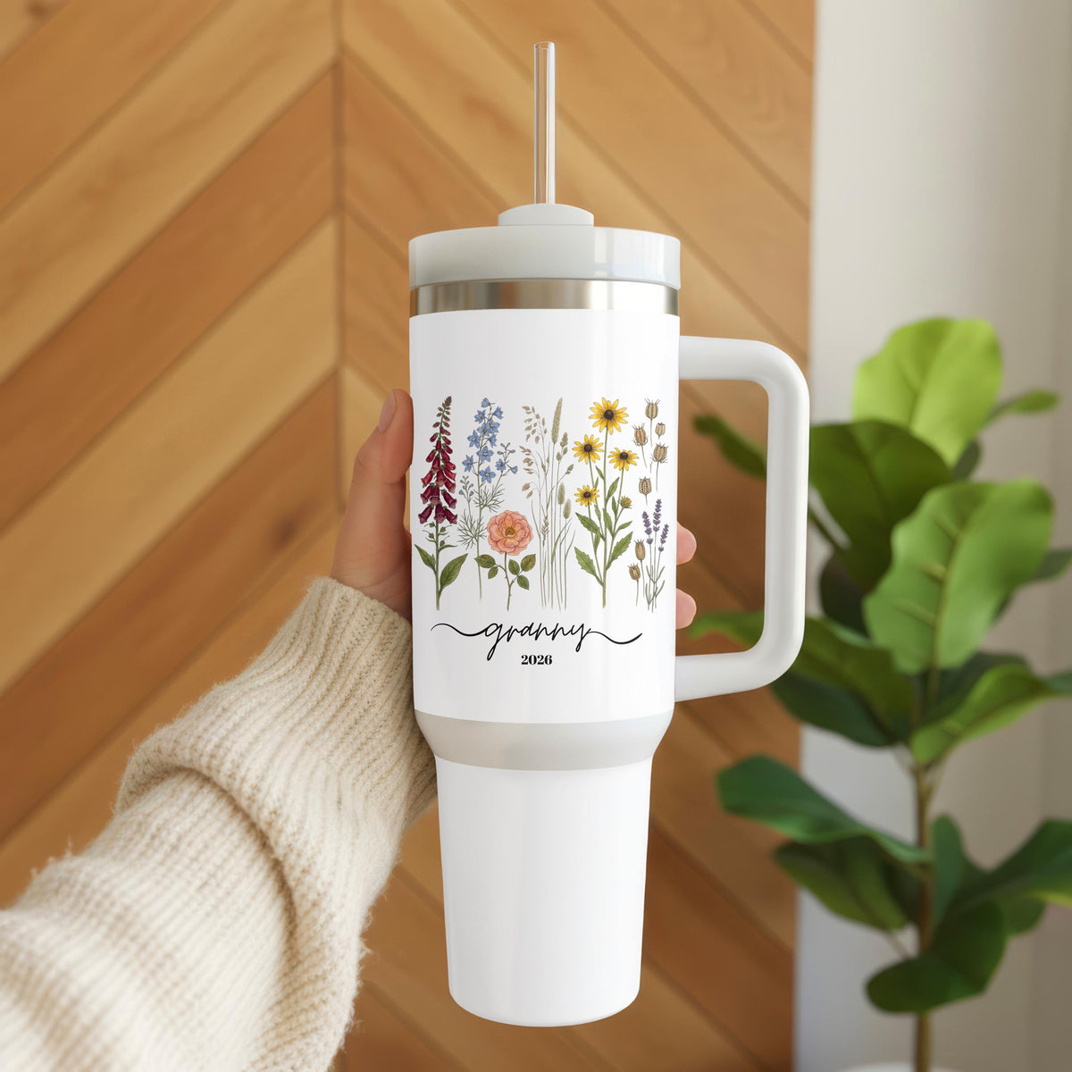Personalized Grandma Tumbler with Handle, Wildflower 40oz Cup, Custom Name Granny Gift Her