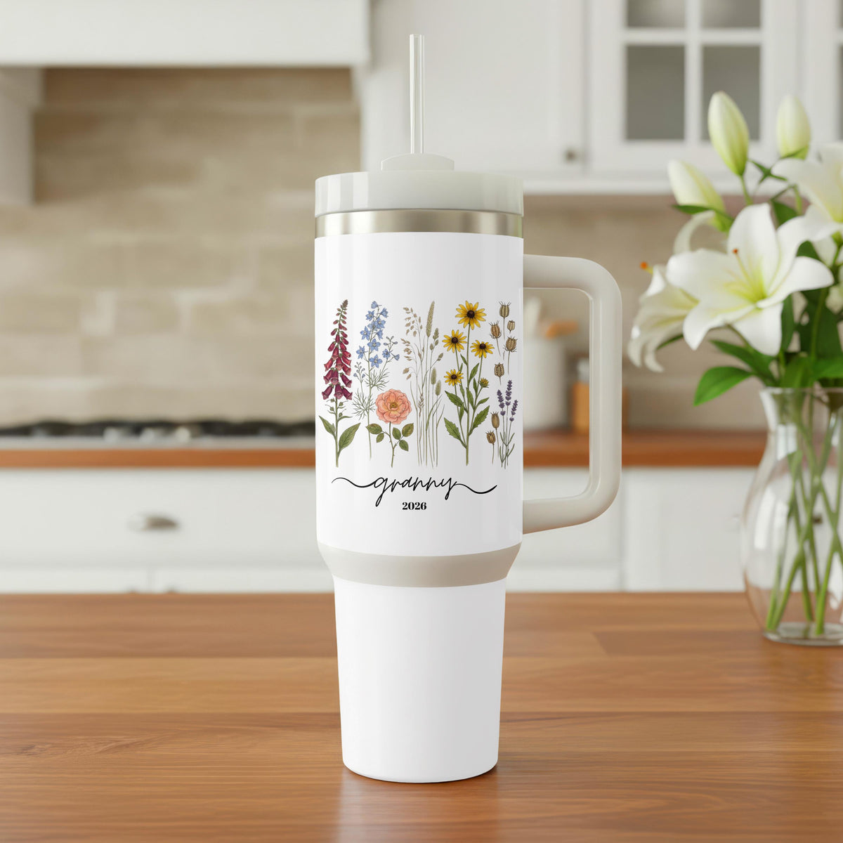 Personalized Grandma Tumbler with Handle, Wildflower 40oz Cup, Custom Name Granny Gift Her
