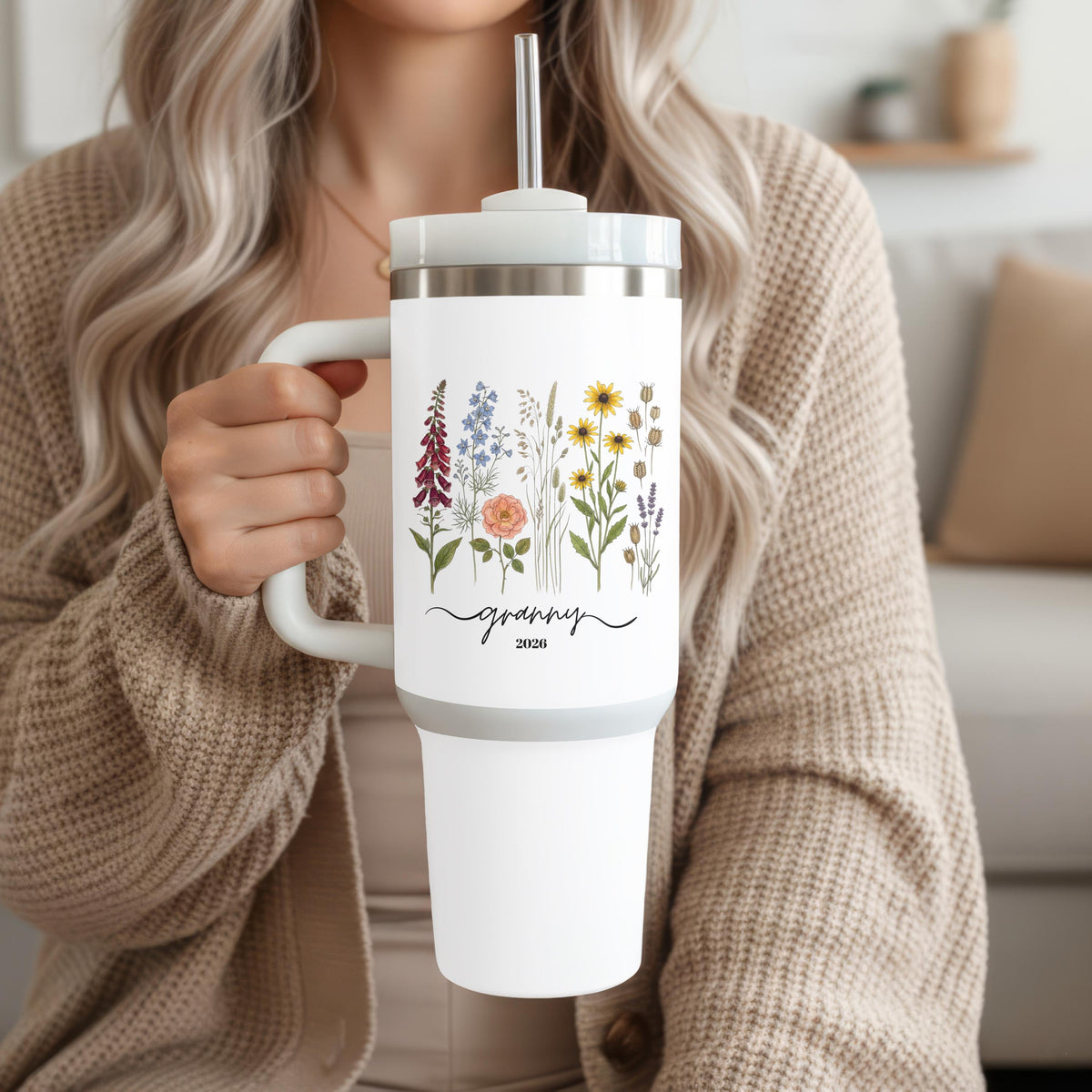 Personalized Grandma Tumbler with Handle, Wildflower 40oz Cup, Custom Name Granny Gift Her