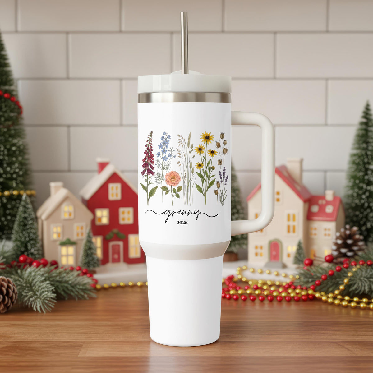 Personalized Grandma Tumbler with Handle, Wildflower 40oz Cup, Custom Name Granny Gift Her