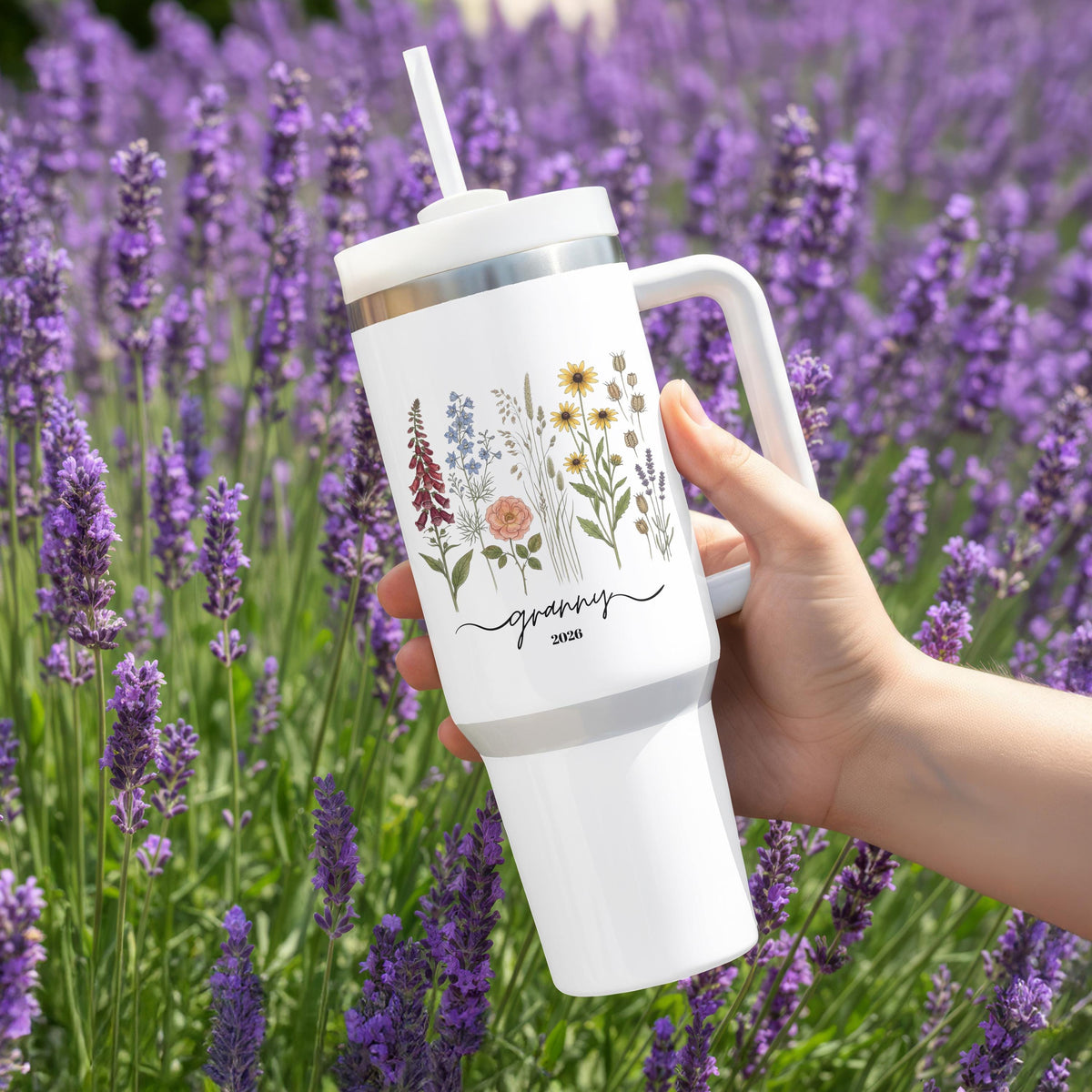 Personalized Grandma Tumbler with Handle, Wildflower 40oz Cup, Custom Name Granny Gift Her