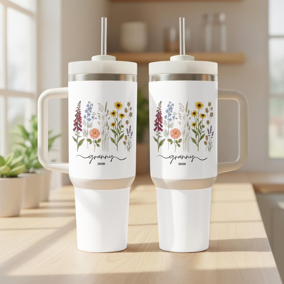 Personalized Grandma Tumbler with Handle, Wildflower 40oz Cup, Custom Name Granny Gift Her
