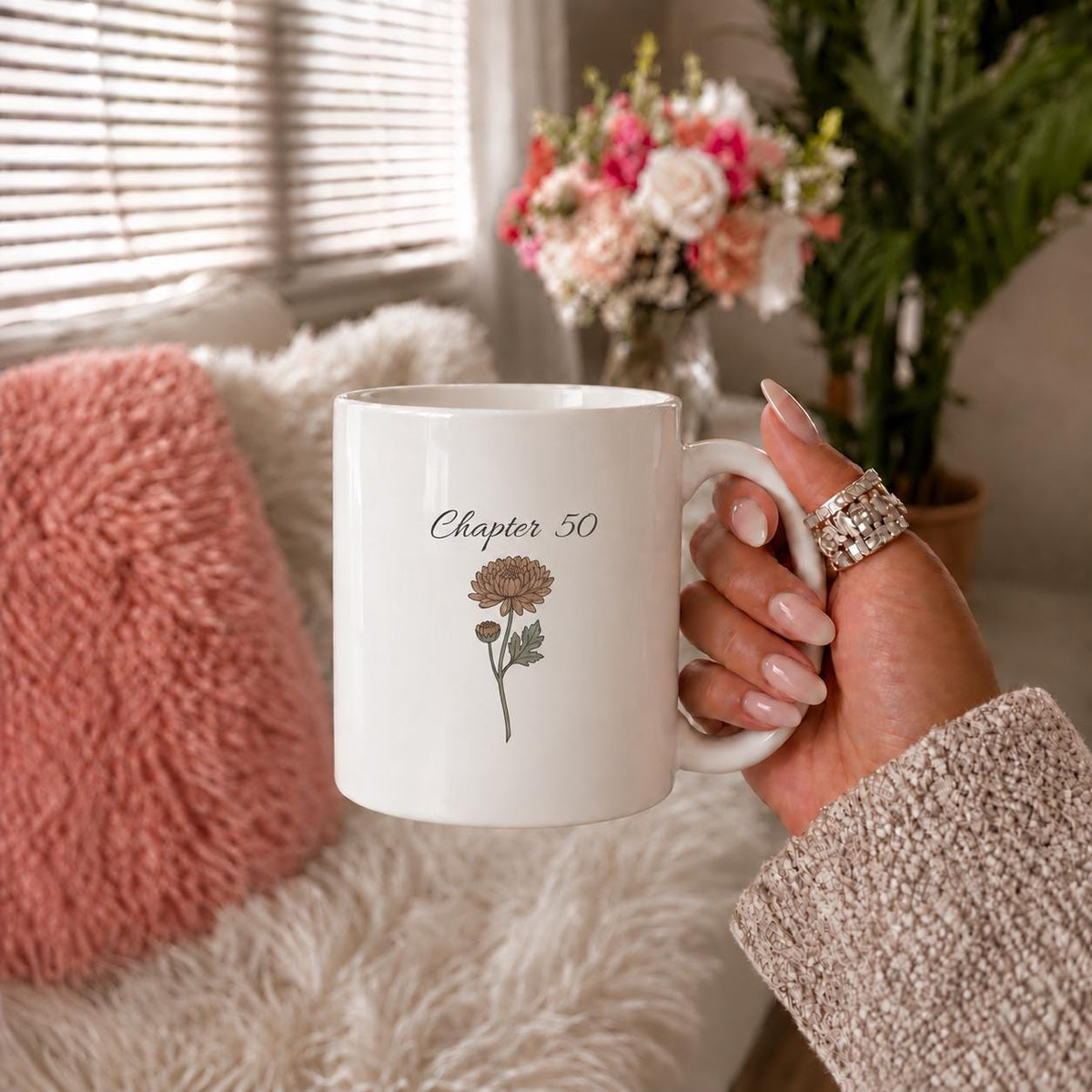 Chapter 50 Floral Birthday Mug, Custom Birth Month Flower Gift, Personalized 50th Birthday Cup, Birthday Gift for Her