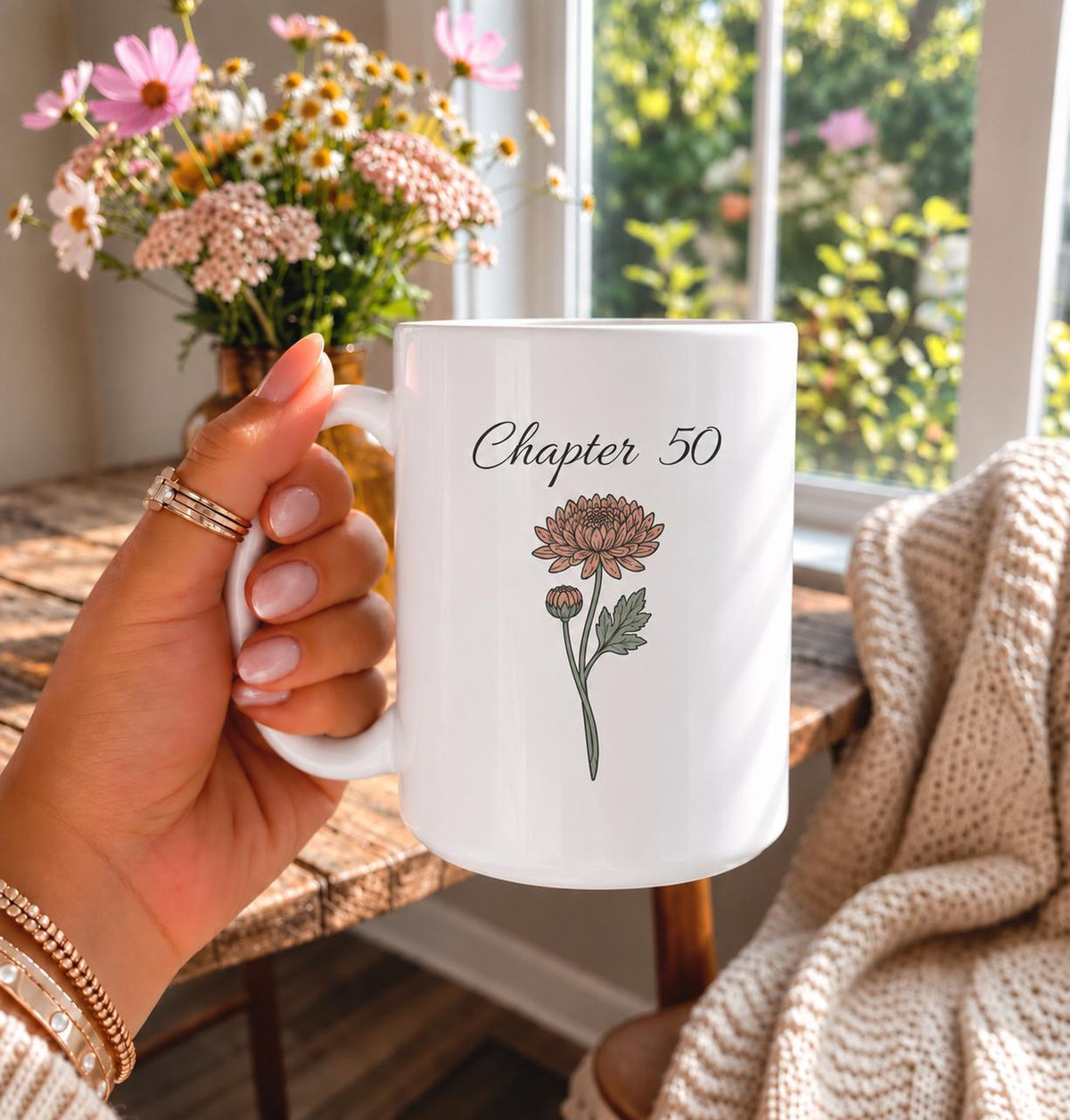 Chapter 50 Floral Birthday Mug, Custom Birth Month Flower Gift, Personalized 50th Birthday Cup, Birthday Gift for Her