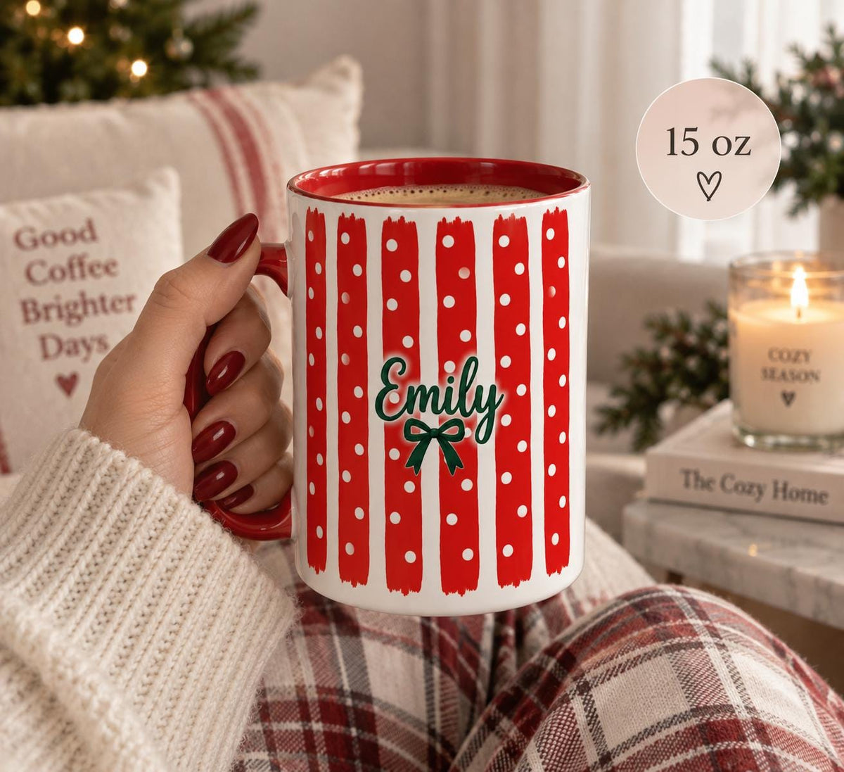 Personalized Christmas Mug, Red Striped Mug, Custom Name Coffee Cup, Holiday Gift for Her