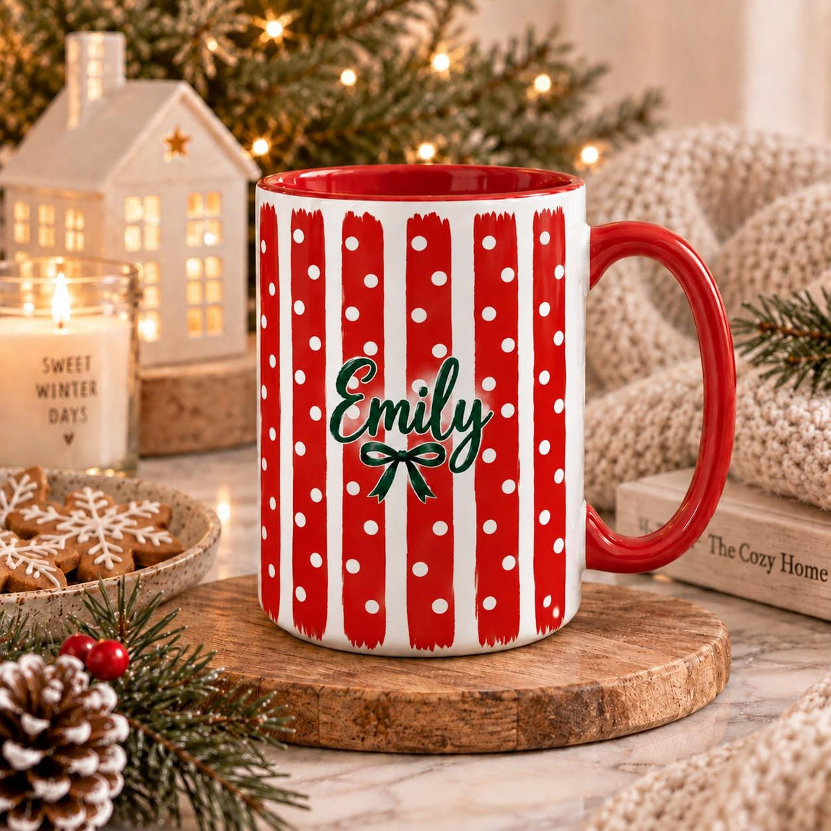 Personalized Christmas Mug, Red Striped Mug, Custom Name Coffee Cup, Holiday Gift for Her