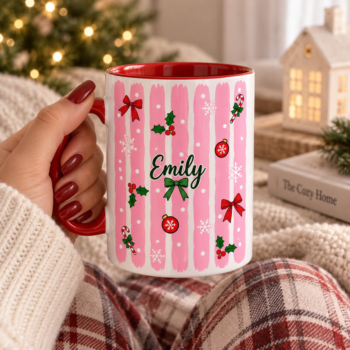 Personalized Christmas Mug, Red Striped Mug, Custom Name Coffee Cup, Holiday Gift for Her