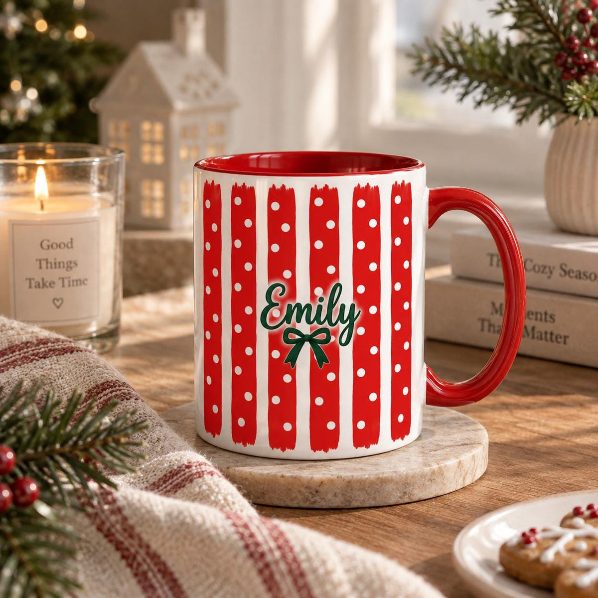 Personalized Christmas Mug, Red Striped Mug, Custom Name Coffee Cup, Holiday Gift for Her