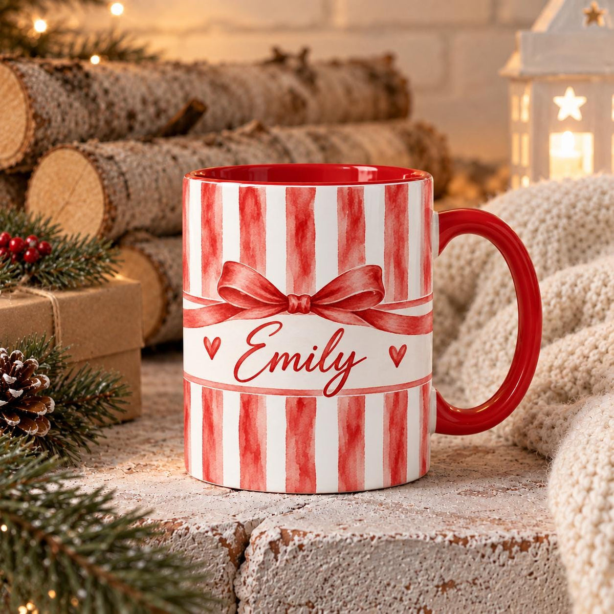 Personalized Christmas Mug, Red Striped Ceramic Coffee Cup with Custom Name and Bow