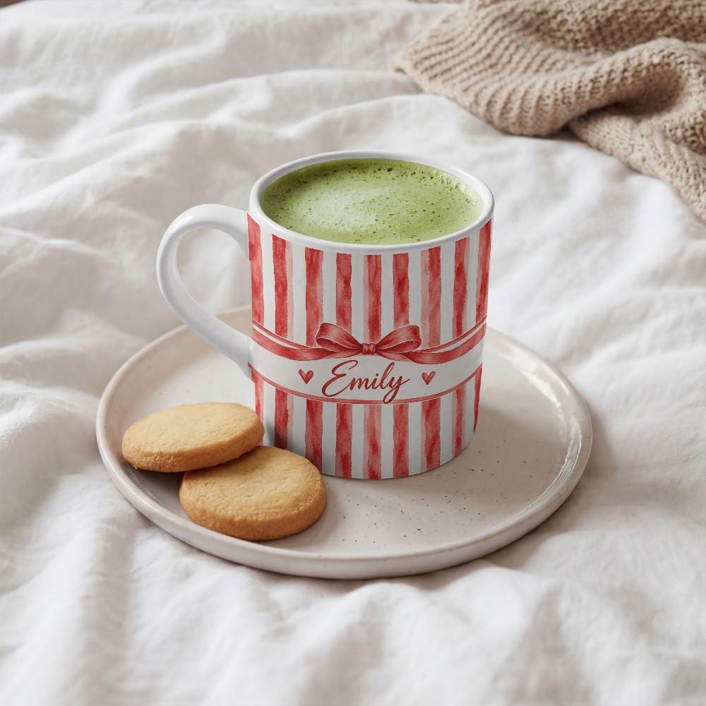 Personalized Christmas Mug, Red Striped Ceramic Coffee Cup with Custom Name and Bow