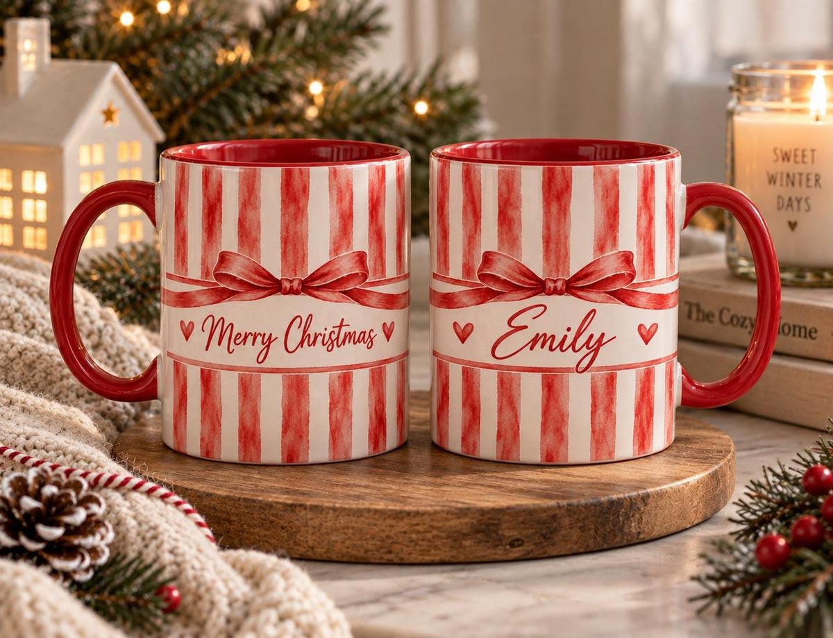 Personalized Christmas Mug, Red Striped Ceramic Coffee Cup with Custom Name and Bow