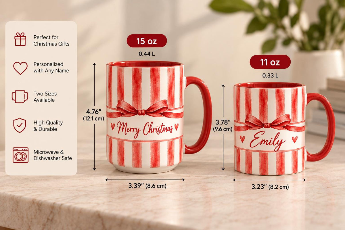 Personalized Christmas Mug, Red Striped Ceramic Coffee Cup with Custom Name and Bow