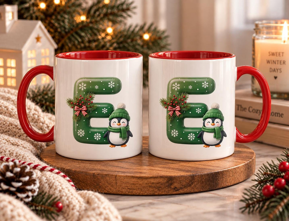 Personalized Christmas Initial Mug, Green Letter Coffee Cup with Penguin and Snowflakes