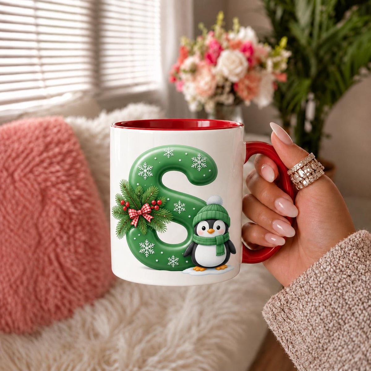 Personalized Christmas Initial Mug, Green Letter Coffee Cup with Penguin and Snowflakes