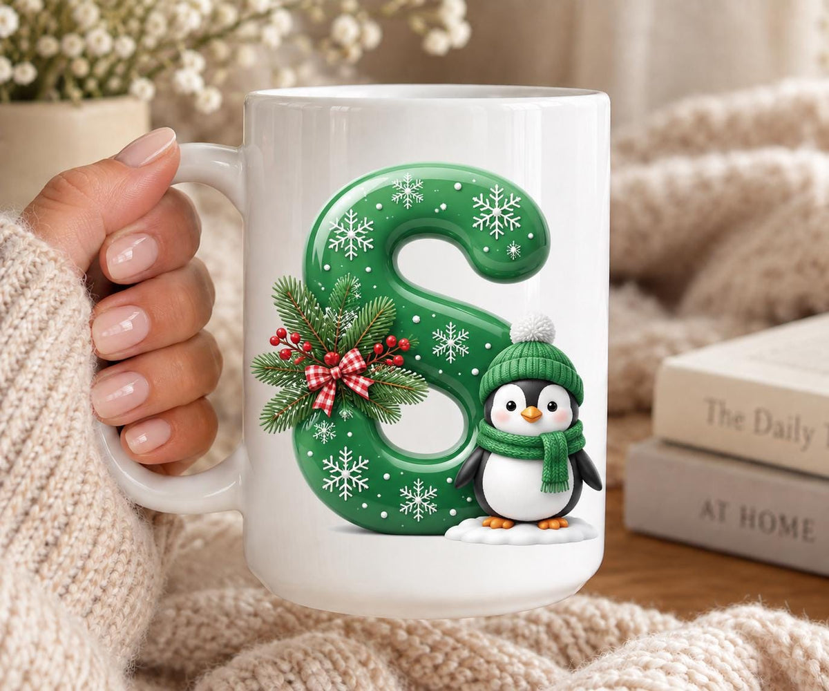 Personalized Christmas Initial Mug, Green Letter Coffee Cup with Penguin and Snowflakes