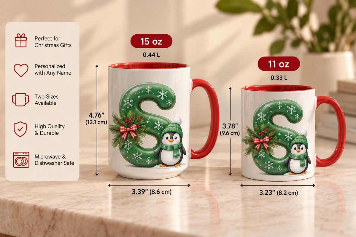 Personalized Christmas Initial Mug, Green Letter Coffee Cup with Penguin and Snowflakes